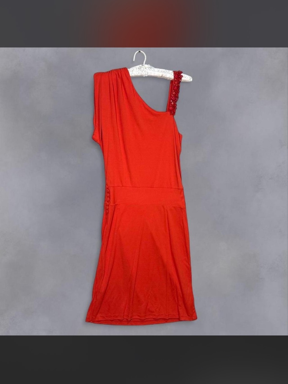 Valentino Roma Red Orange One Shoulder beaded strap drop waist dress sz 8 - Picture 3 of 8